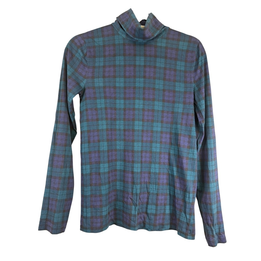 J.Crew Womens Plaid Turtleneck Top Teal Purple Navy Long Sleeve Size S